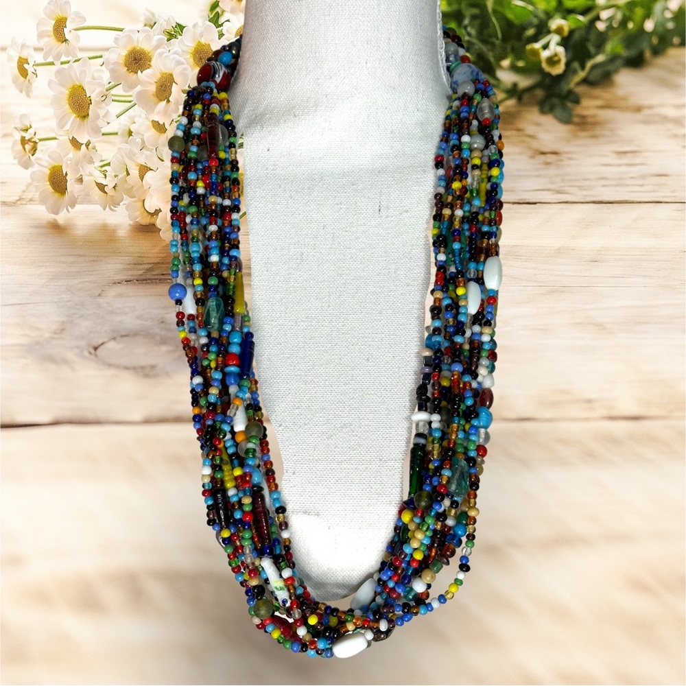 African Ghana Multicolor Love Bead Silver Clasp 30” 12 Strand Vintage Necklace